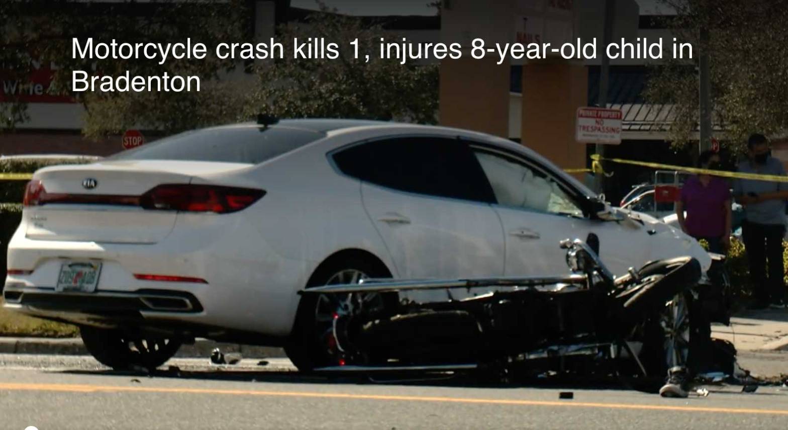 8-year-old Florida boy badly hurt, man killed when a Kia makes a left turn in front of their motorcycle