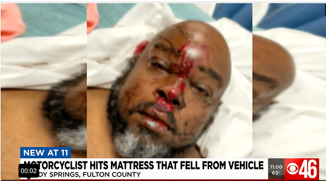 Georgia biker dad nearly killed by a flying mattress, "they didn't think I was going to make it